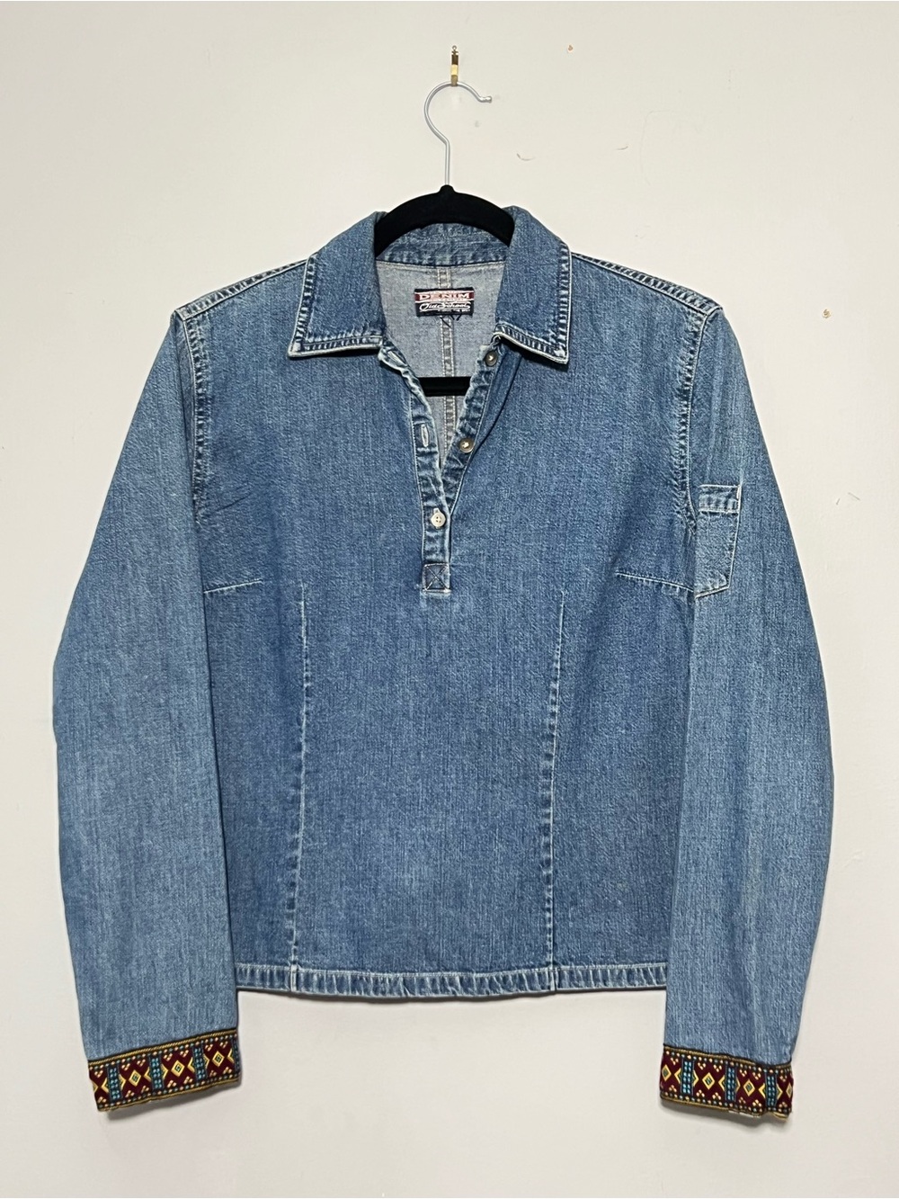 Vintage-Inspired Denim Pullover with Embroidered Cuffs
